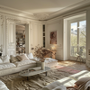 Salon dans les tonalités de blanc avec tapis beige, ambiance cosy et grande fenêtre lumineuse 