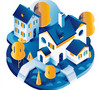 Illustration sur les services de conciergerie avec plusieurs maisons en bleu et jaune