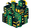 Illustration graphique de building haut de gamme dans les couleurs vert noir et jaune